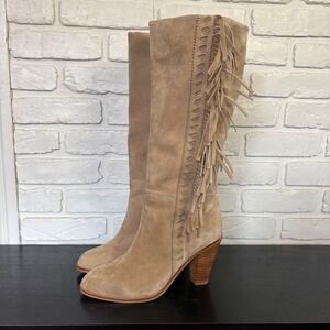 Splendid Suede Leather Knee High Heeled Fringe Boot Women's Size 9